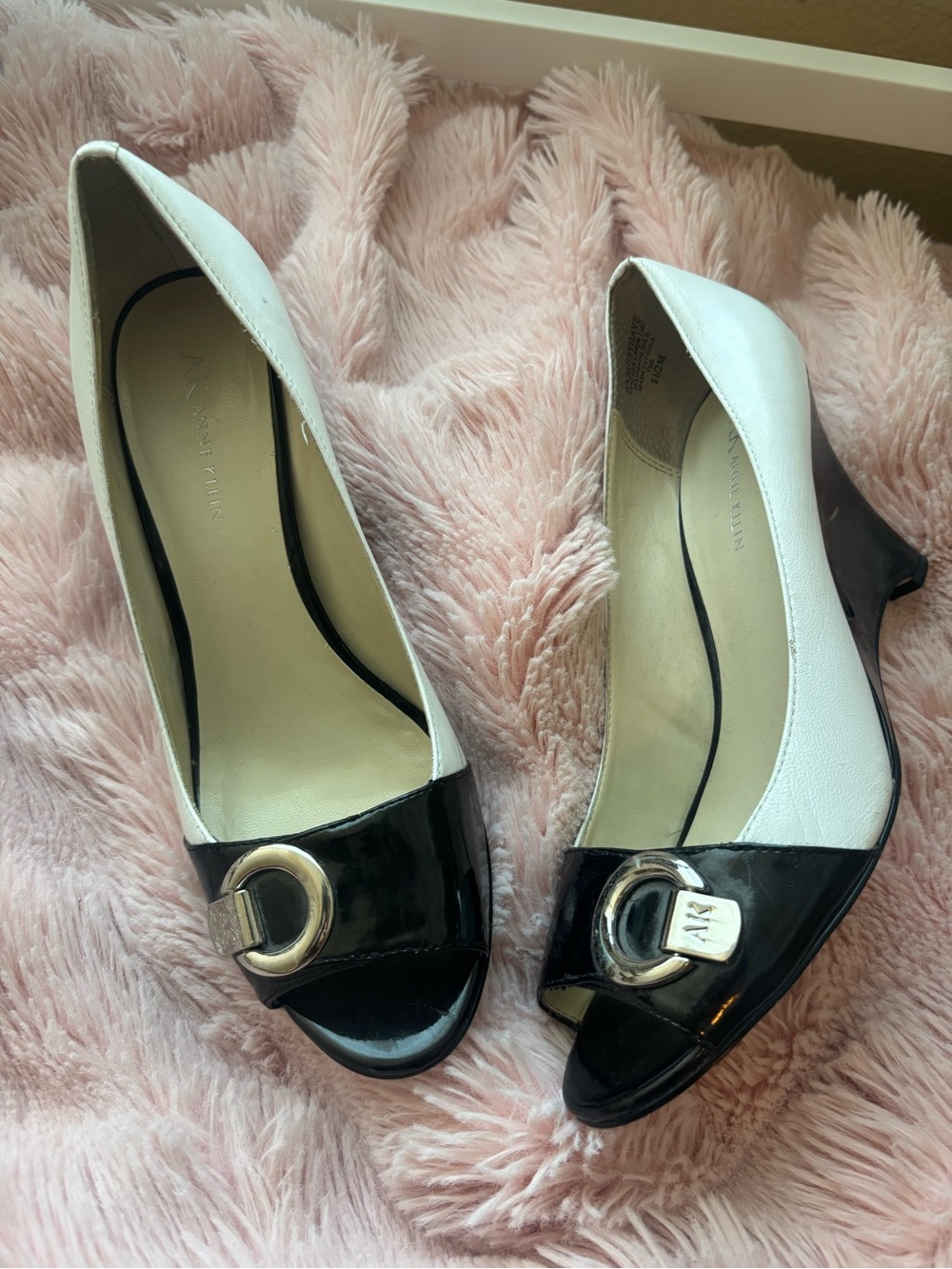 Anne Klein Two-Tone White and Black Peep-Toe Pumps with Silver Buckle
